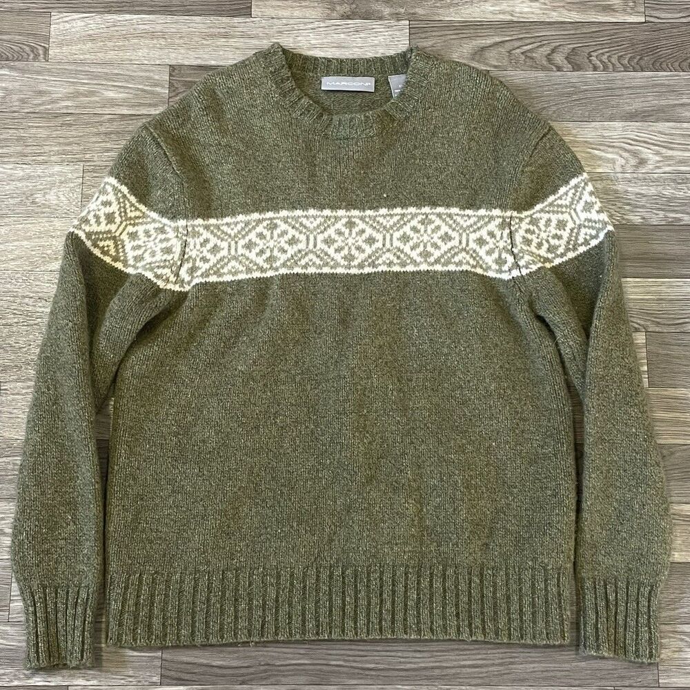 Vintage Marconi Lambswool Sweater Men’s XL Green White Fair Isle 90s Classic